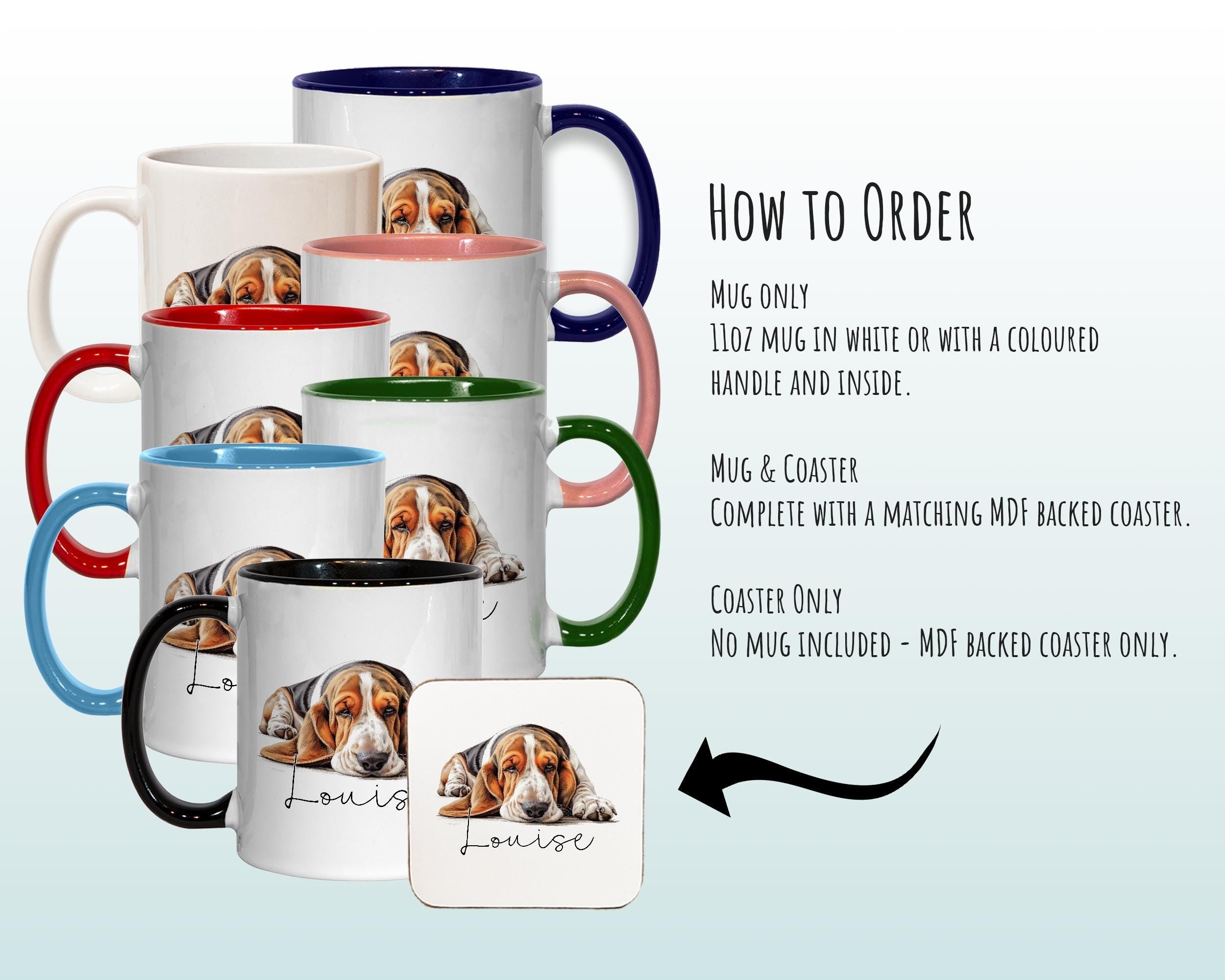 Personalised Basset Hound Gift Mug - Ceramic Coffee Tea Chocolate Mug Coaster Basset Hound Design for Dog Mum Dad Owner Secret Santa MG0910