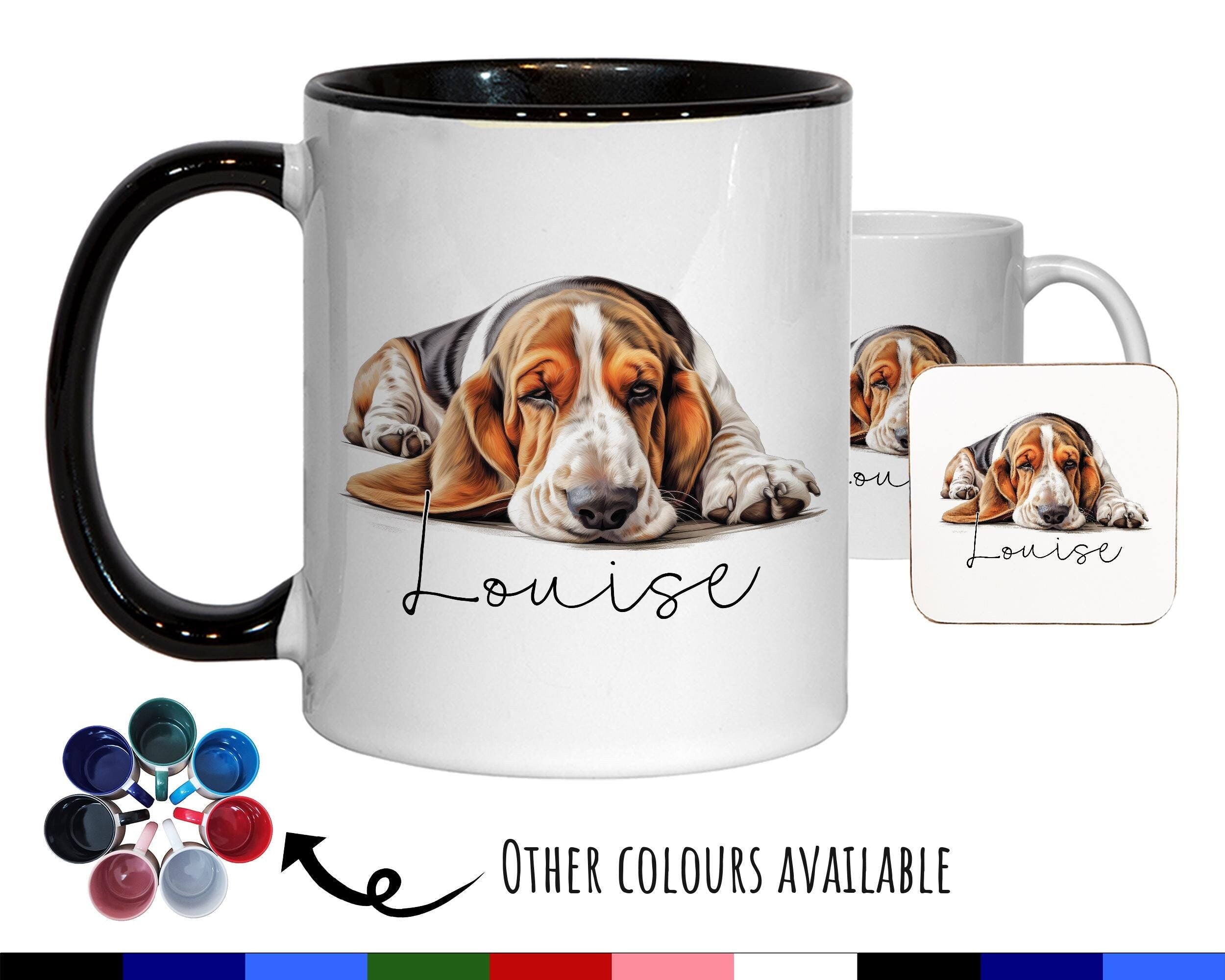 Personalised Basset Hound Gift Mug - Ceramic Coffee Tea Chocolate Mug Coaster Basset Hound Design for Dog Mum Dad Owner Secret Santa MG0910