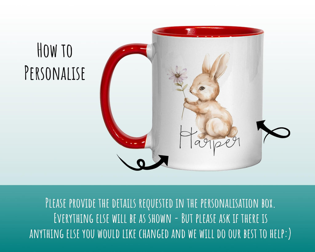 Personalised Bunny Rabbit Gift Mug - Ceramic Coffee Tea Hot Chocolate Mug Coaster Cute Rabbit Flowers Animal - Secret Santa Gift Idea MG0868