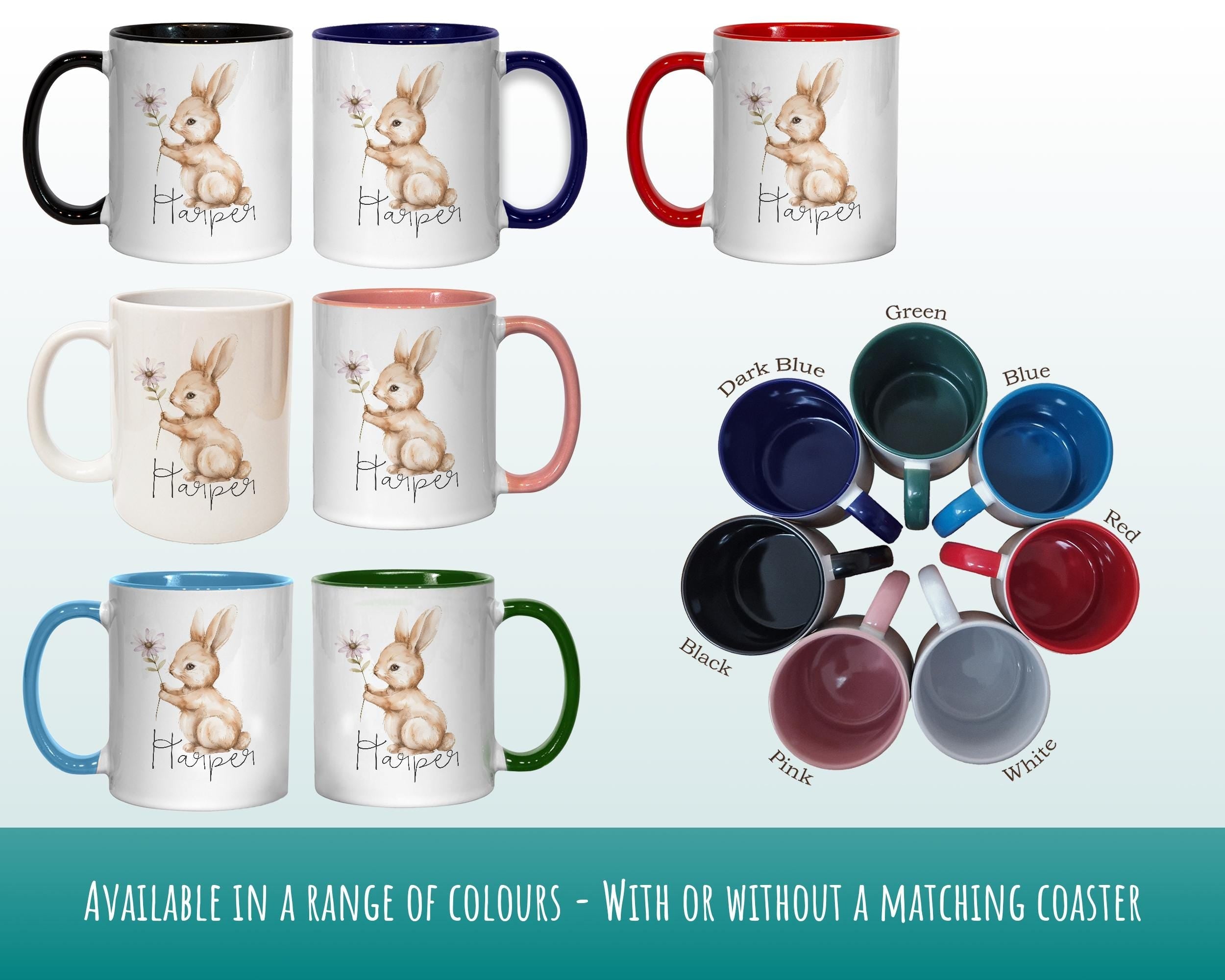 Personalised Bunny Rabbit Gift Mug - Ceramic Coffee Tea Hot Chocolate Mug Coaster Cute Rabbit Flowers Animal - Secret Santa Gift Idea MG0868