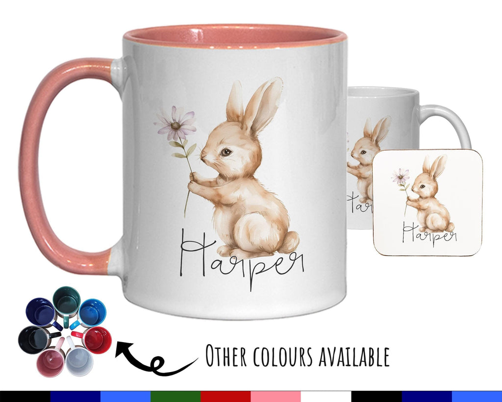 Personalised Bunny Rabbit Gift Mug - Ceramic Coffee Tea Hot Chocolate Mug Coaster Cute Rabbit Flowers Animal - Secret Santa Gift Idea MG0868
