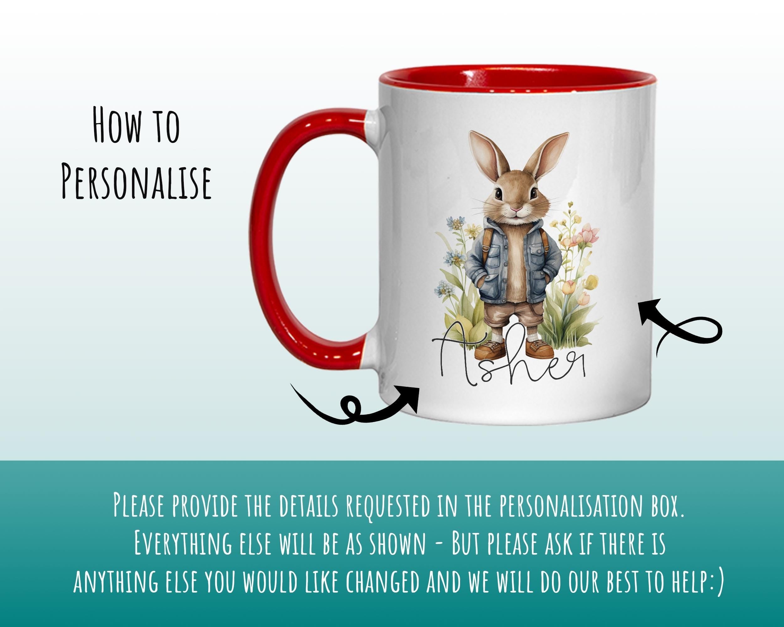 Personalised Bunny Rabbit Gift Mug - Ceramic Coffee Tea Hot Chocolate Mug Coaster Cute Rabbit Flowers Animal - Secret Santa Gift Idea MG0879