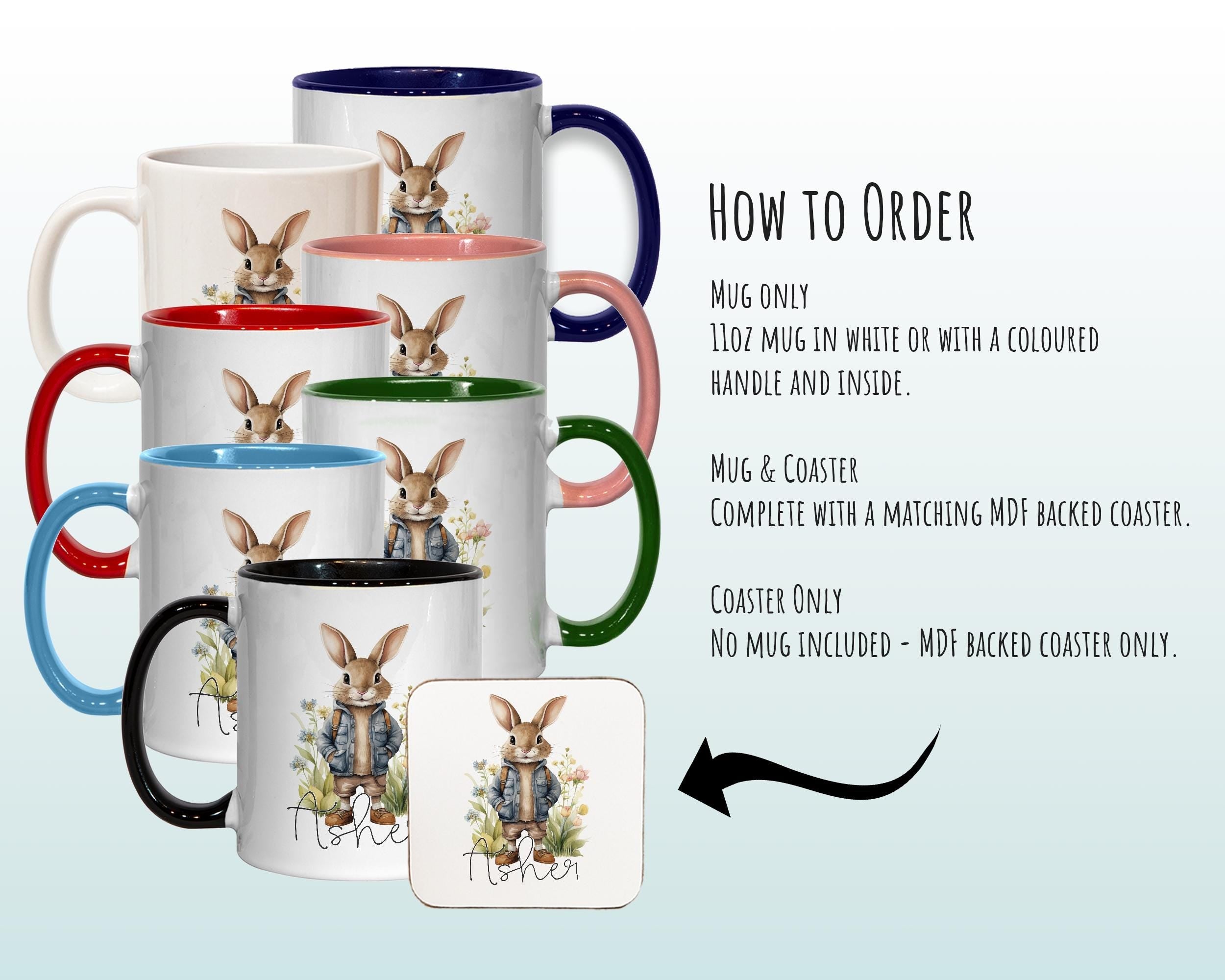 Personalised Bunny Rabbit Gift Mug - Ceramic Coffee Tea Hot Chocolate Mug Coaster Cute Rabbit Flowers Animal - Secret Santa Gift Idea MG0879