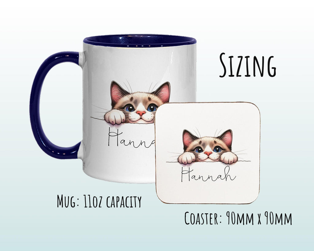 Personalised Cat Lovers Gift Mug - Ceramic Coffee Tea Chocolate Mug Coaster - Peeping Cat Design for Cat Mum Dad Owner Secret Santa MG0899