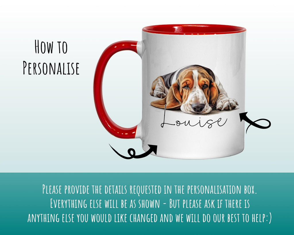 Personalised Basset Hound Gift Mug - Ceramic Coffee Tea Chocolate Mug Coaster Basset Hound Design for Dog Mum Dad Owner Secret Santa MG0910