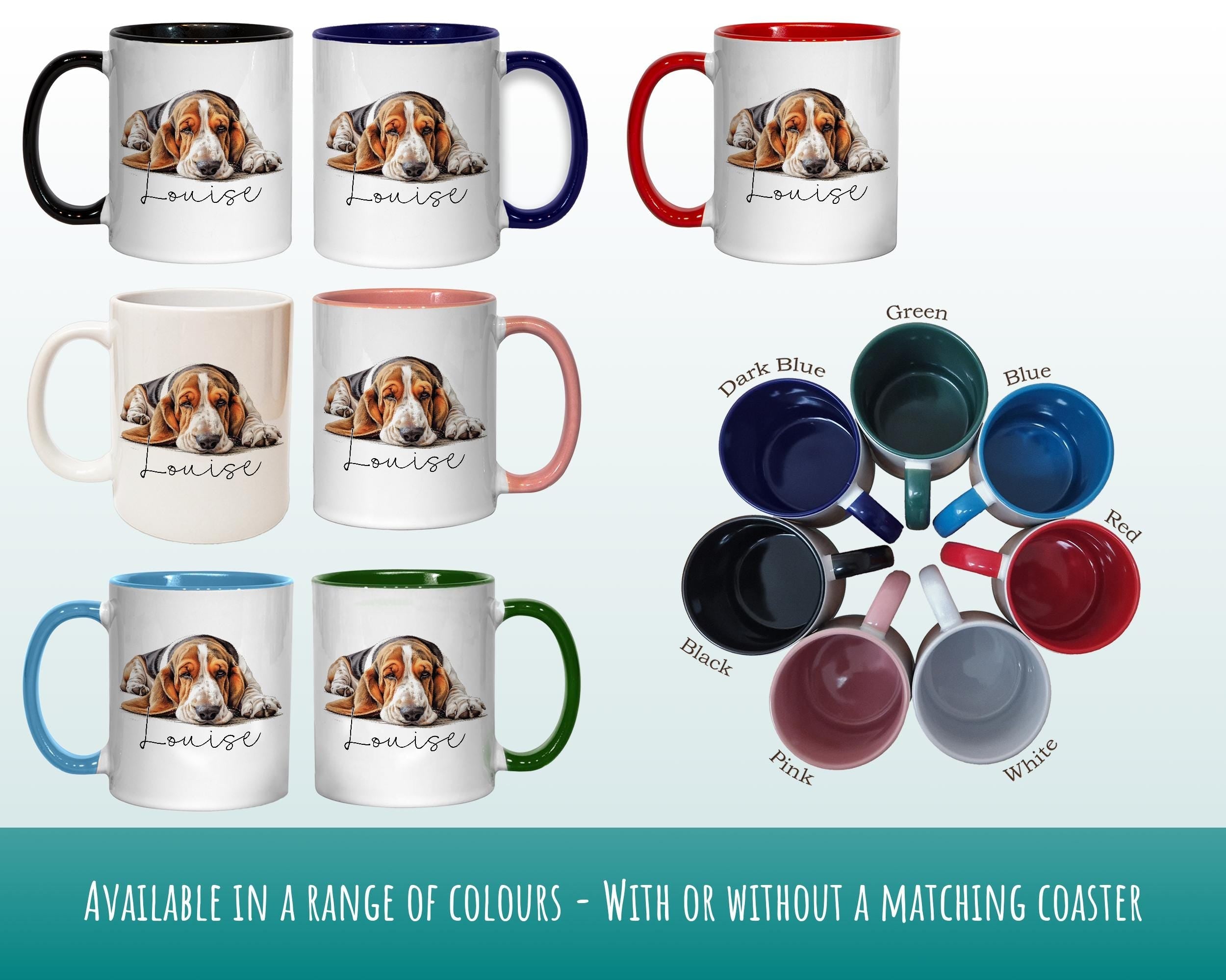 Personalised Basset Hound Gift Mug - Ceramic Coffee Tea Chocolate Mug Coaster Basset Hound Design for Dog Mum Dad Owner Secret Santa MG0910