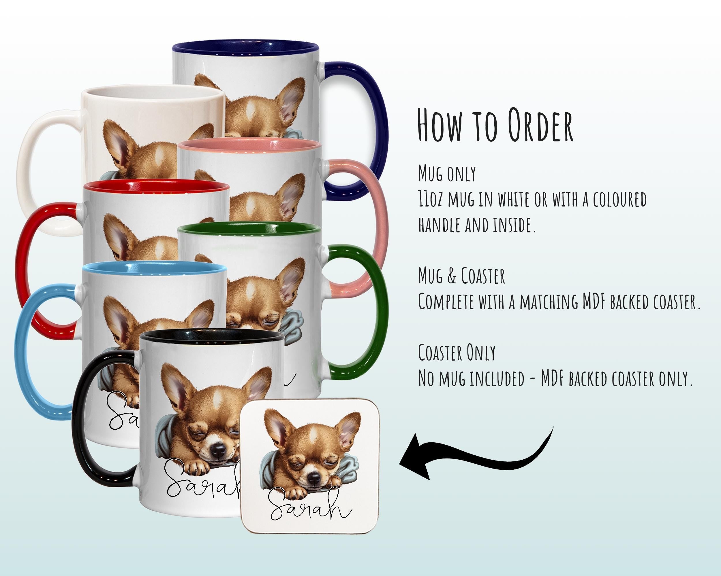 Personalised Chihuahua Dog Gift Mug - Ceramic Coffee Tea Chocolate Mug Coaster Sleeping Puppy Design Dog Mum Dad Owner Secret Santa MG0913