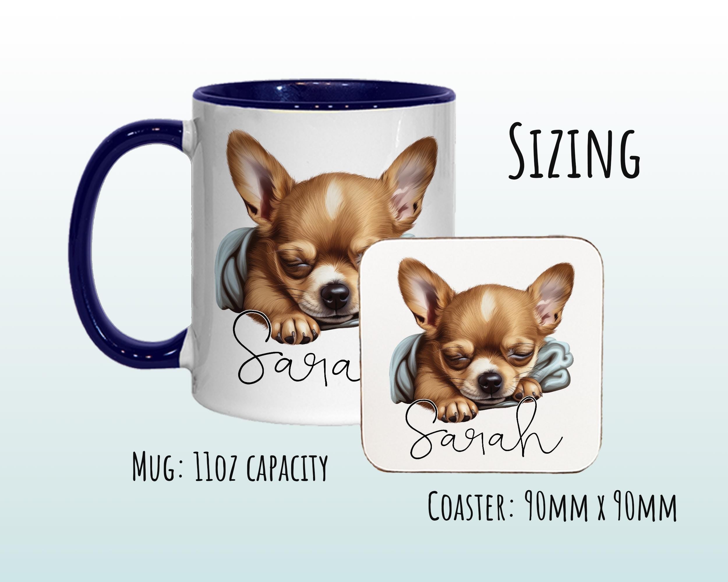 Personalised Chihuahua Dog Gift Mug - Ceramic Coffee Tea Chocolate Mug Coaster Sleeping Puppy Design Dog Mum Dad Owner Secret Santa MG0913