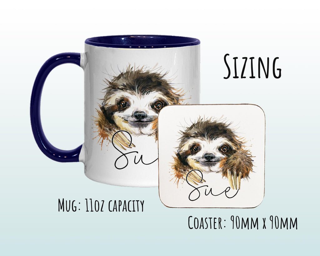 Personalised Sloth Mug Gift - Great Gift for Sloth Lovers - Animal Lovers Mug & Coaster - Sloth Gifts for Her Watercolour Design MGZ079