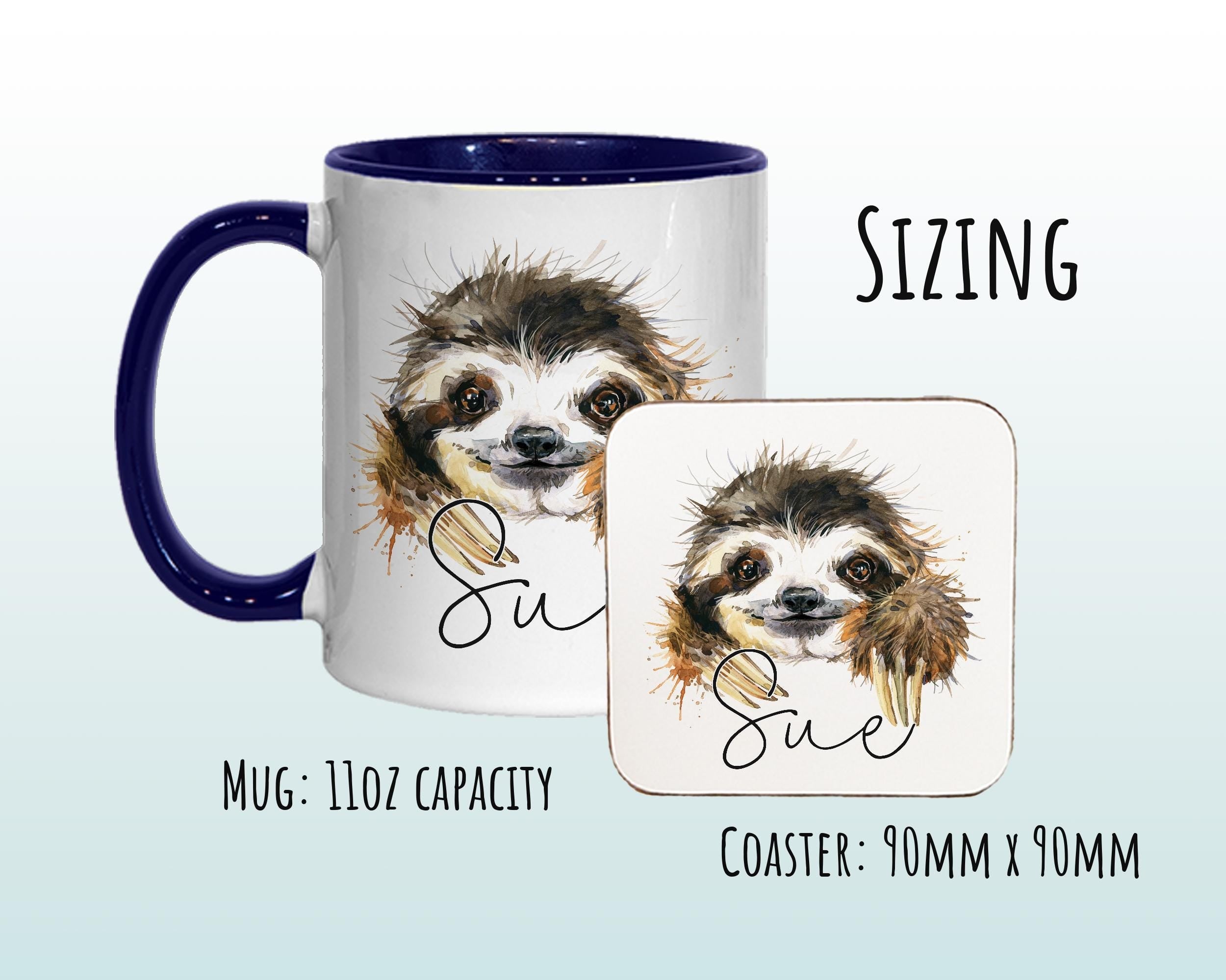 Personalised Sloth Mug Gift - Great Gift for Sloth Lovers - Animal Lovers Mug & Coaster - Sloth Gifts for Her Watercolour Design MGZ079