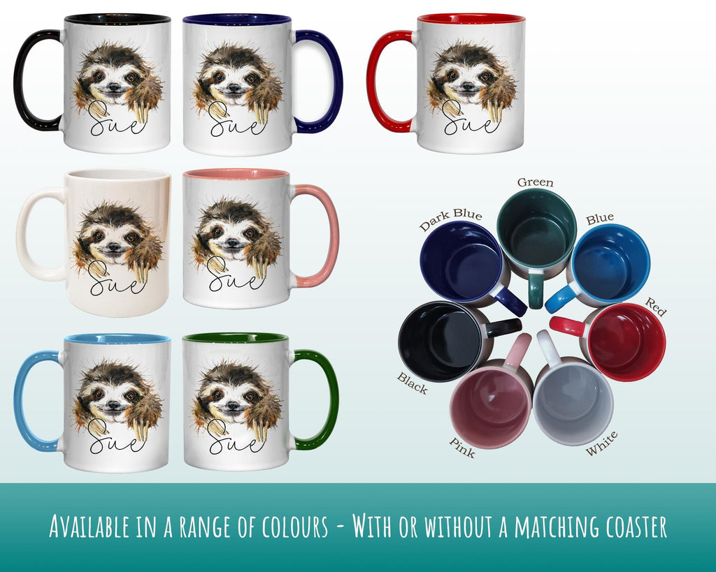 Personalised Sloth Mug Gift - Great Gift for Sloth Lovers - Animal Lovers Mug & Coaster - Sloth Gifts for Her Watercolour Design MGZ079