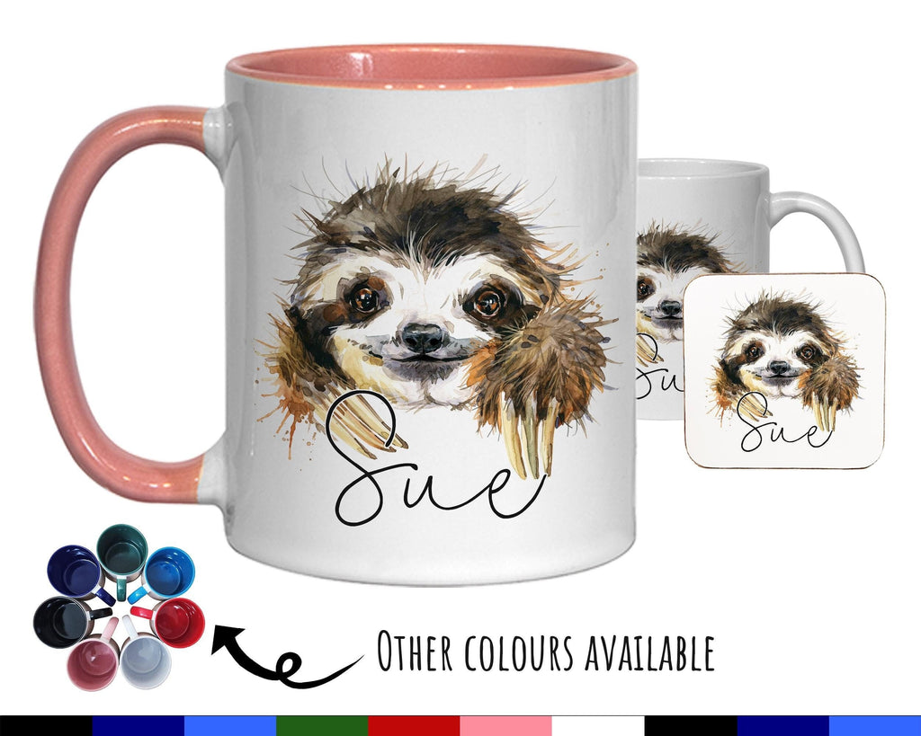 Personalised Sloth Mug Gift - Great Gift for Sloth Lovers - Animal Lovers Mug & Coaster - Sloth Gifts for Her Watercolour Design MGZ079