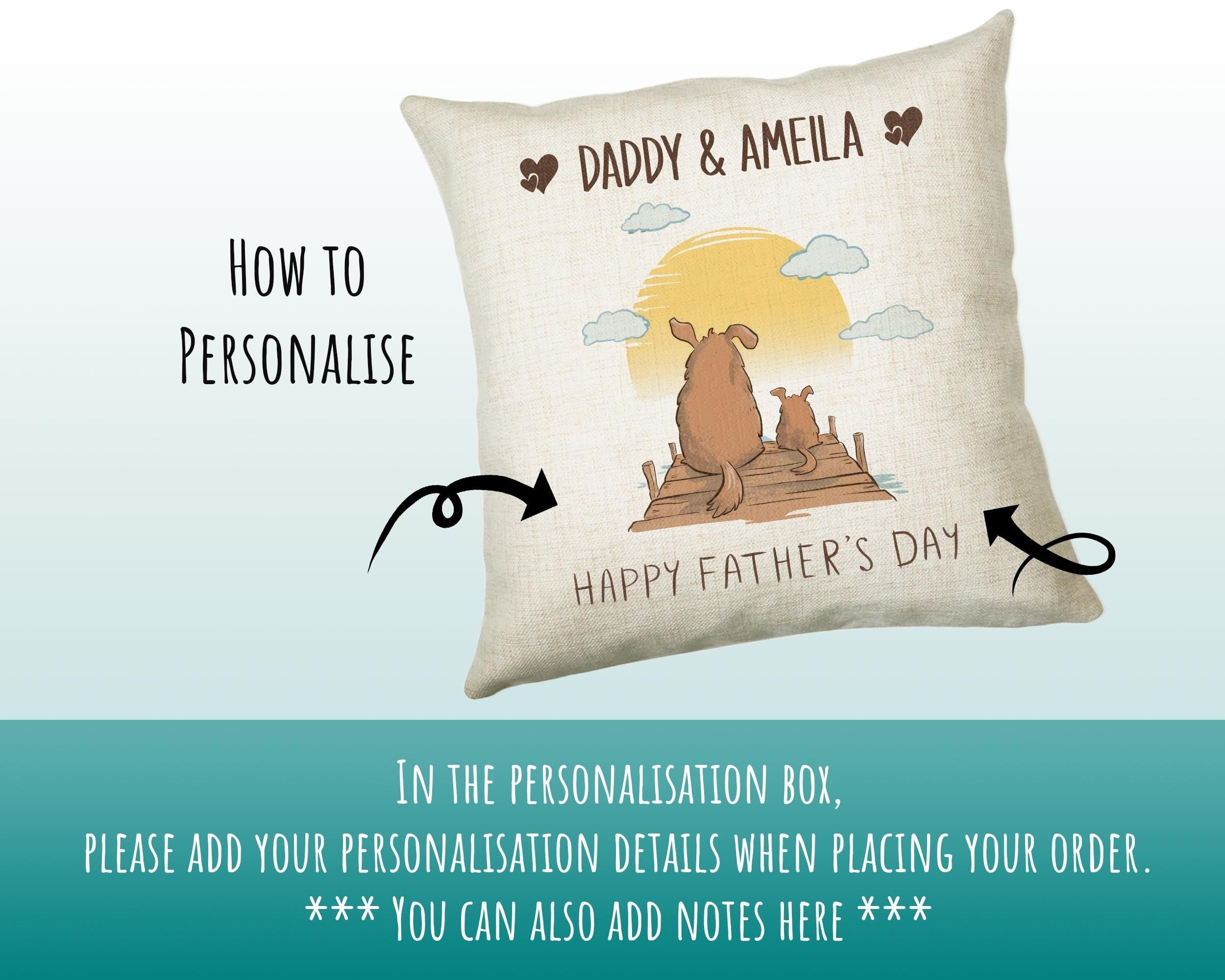 Fathers Day Gift from Son Daughter - Personalised Dog Design Scatter Cushion Matching Daddy Mug Coaster Gift Bundle Gifts for Dad FD006