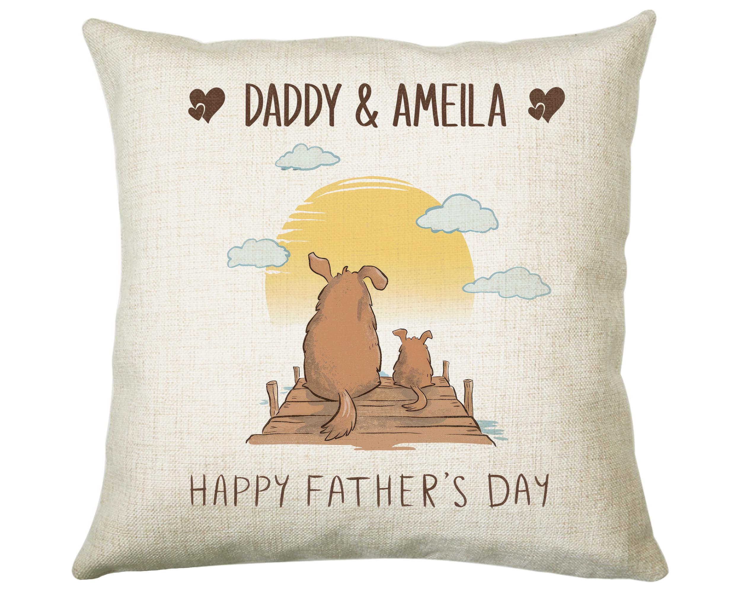 Fathers Day Gift from Son Daughter - Personalised Dog Design Scatter Cushion Matching Daddy Mug Coaster Gift Bundle Gifts for Dad FD006