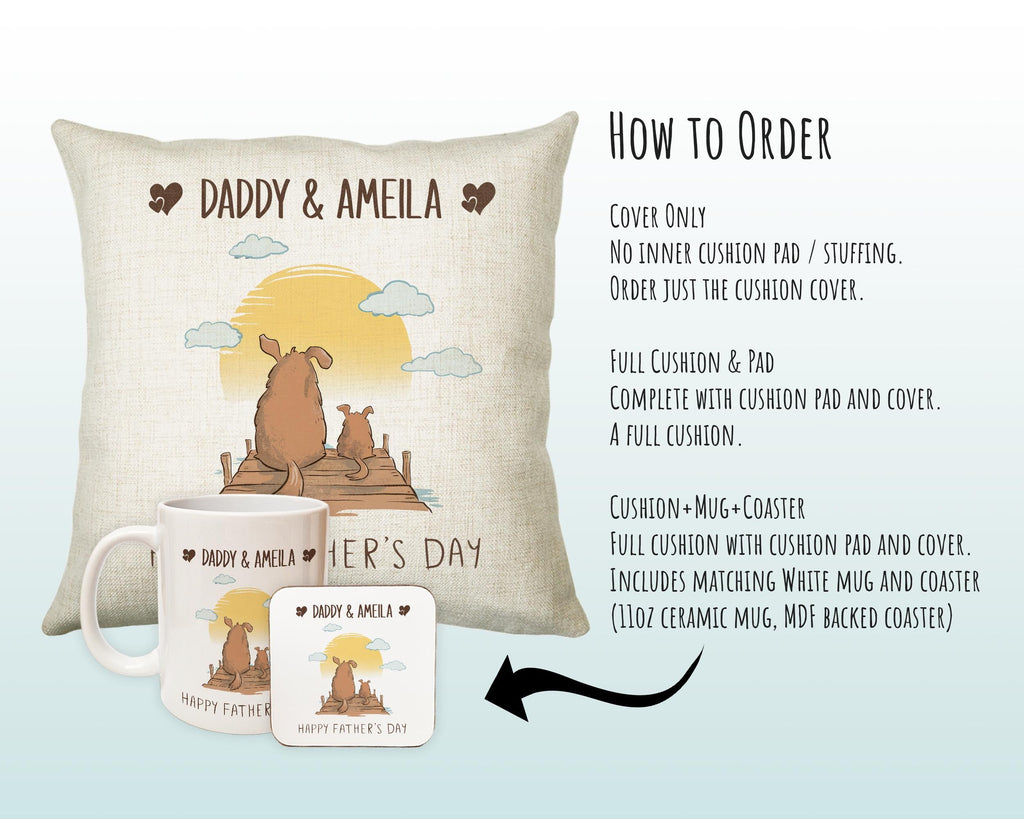 Fathers Day Gift from Son Daughter - Personalised Dog Design Scatter Cushion Matching Daddy Mug Coaster Gift Bundle Gifts for Dad FD006