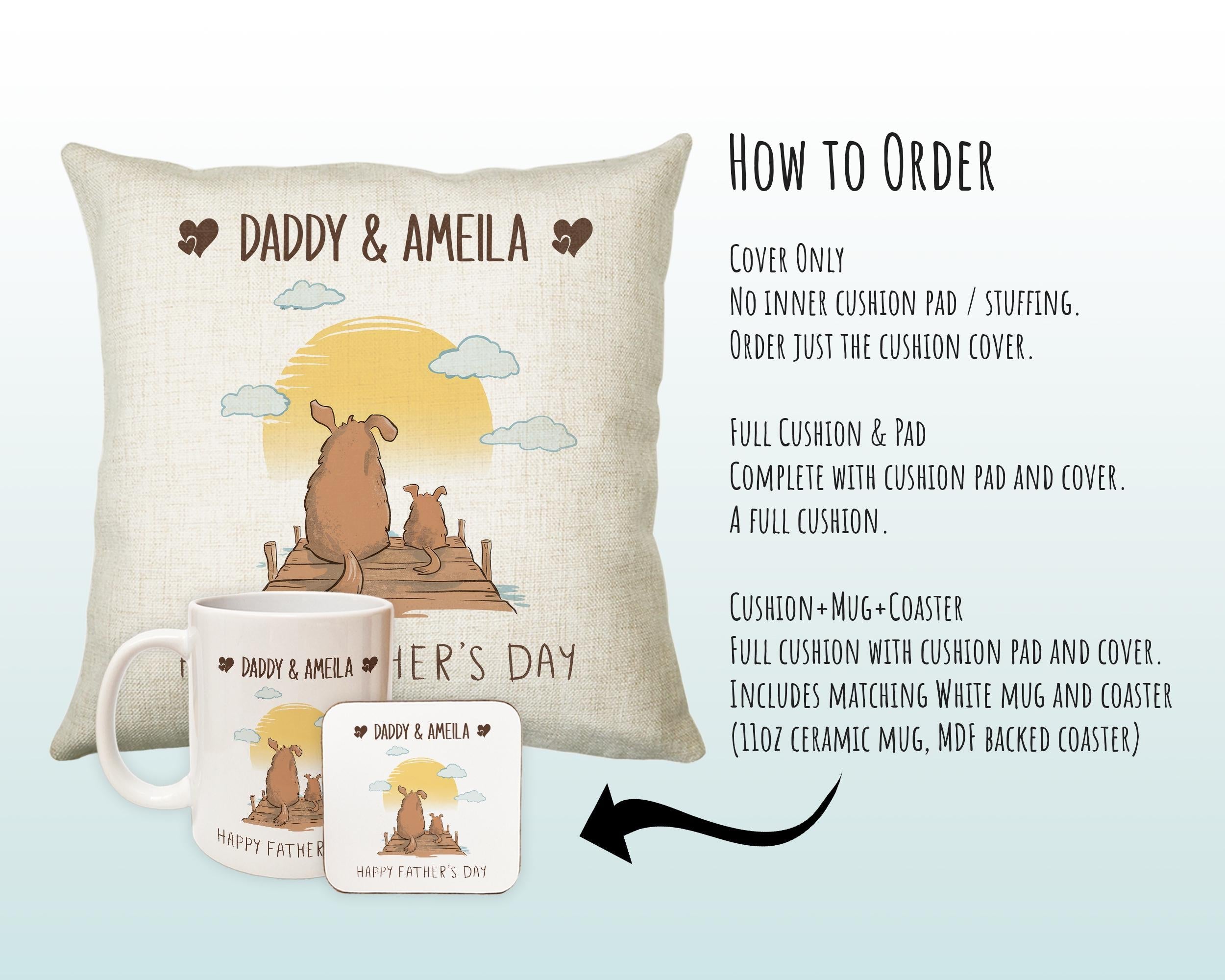 Fathers Day Gift from Son Daughter - Personalised Dog Design Scatter Cushion Matching Daddy Mug Coaster Gift Bundle Gifts for Dad FD006